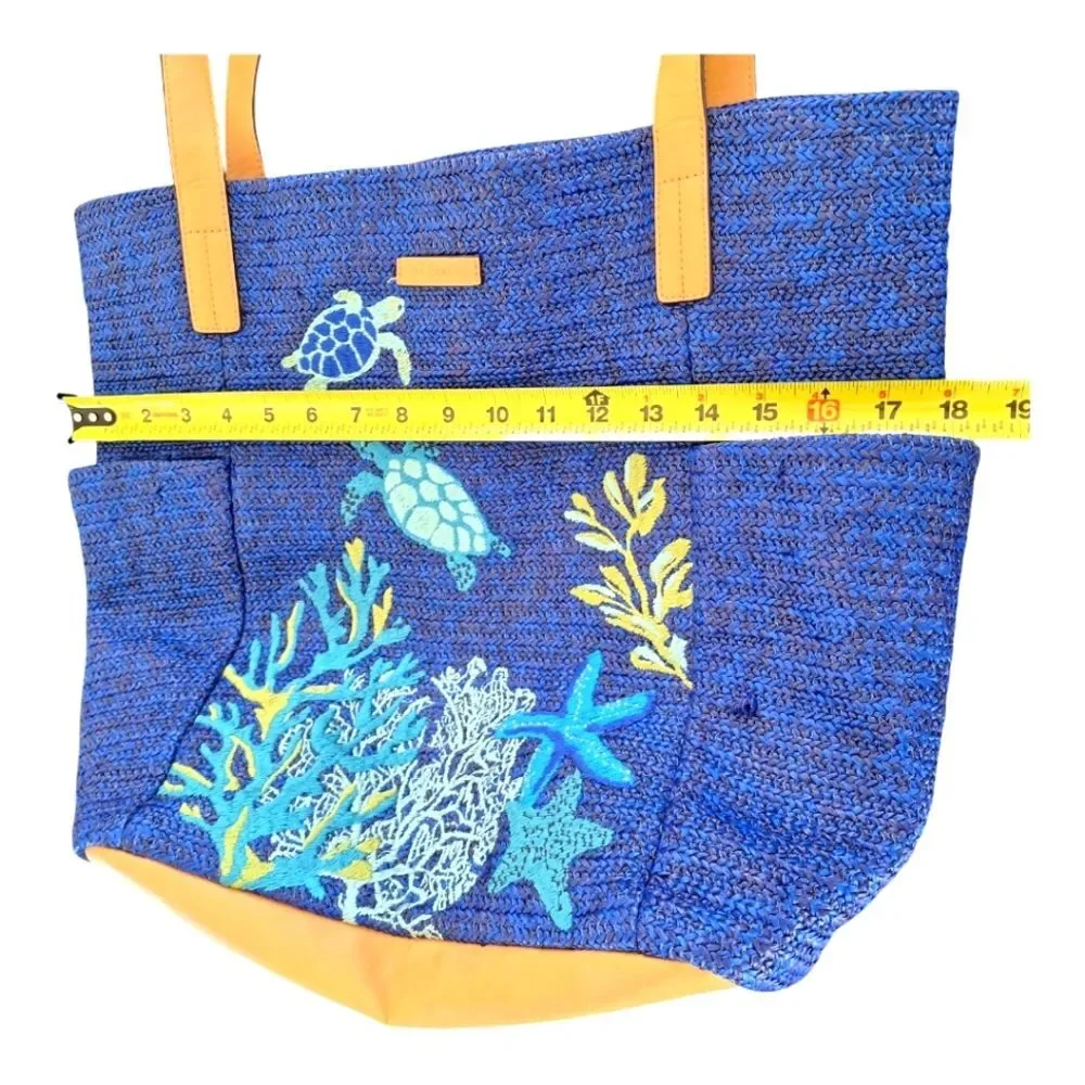 Vera Bradley Large Bag North South Straw Tote Blue Lyst Beach Bag Embroidered - Picture 4 of 15